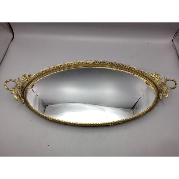 Vintage Vanity Tray Oval Mirrored Gilt Filigree Rim 18" at Flower Handles 9" - Picture 2 of 3
